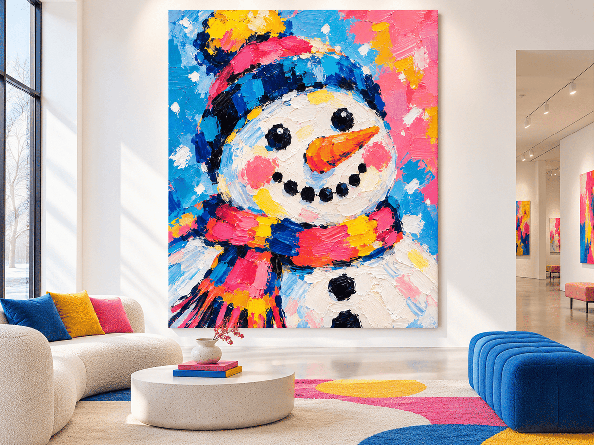 Modern Naive Art Snowman Painting High Saturation Pink Blue Yellow Textured Original Art