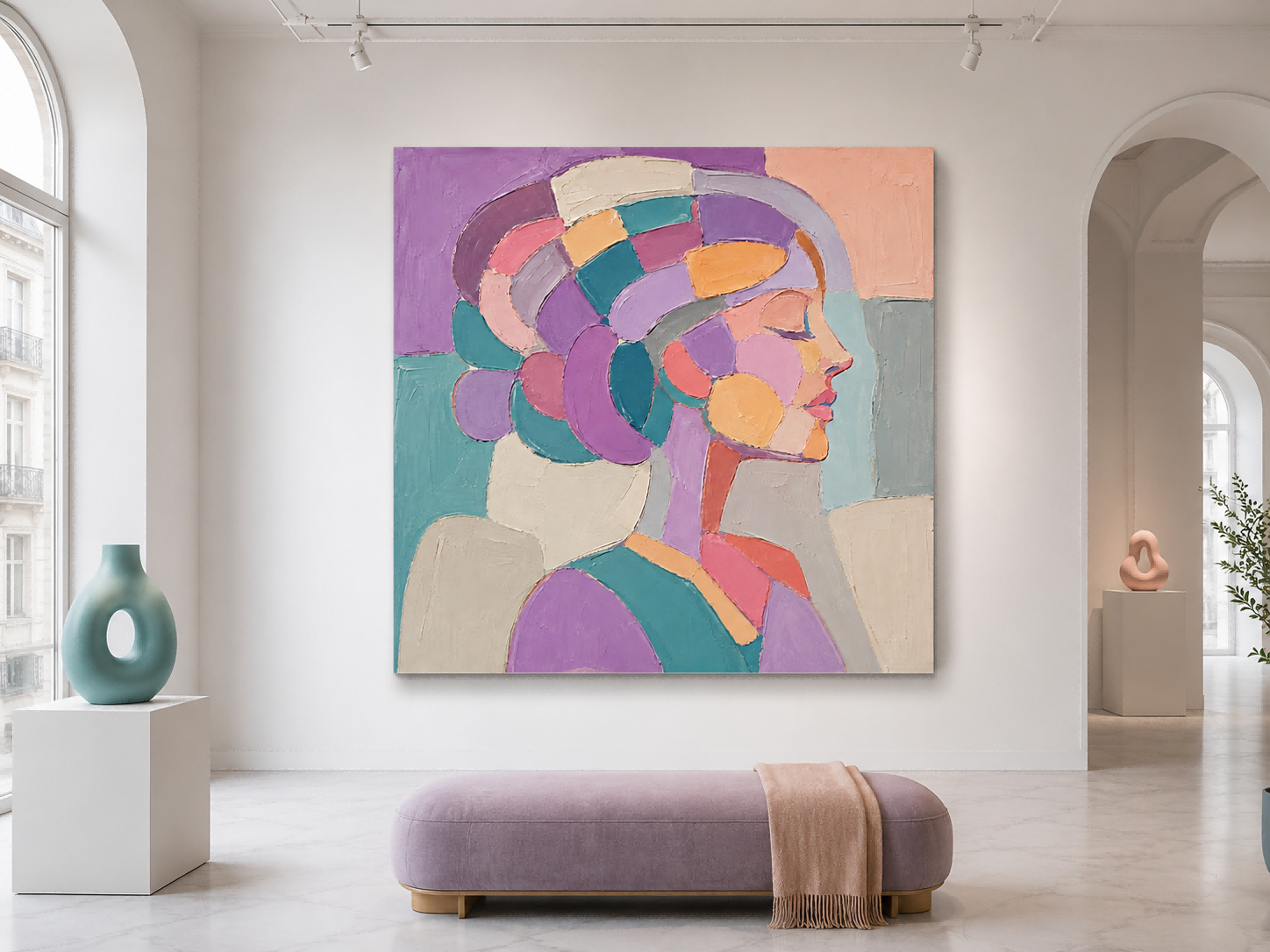 Minimalist Female Profile Art In Pastel Colors Square Canvas Print For Bedroom