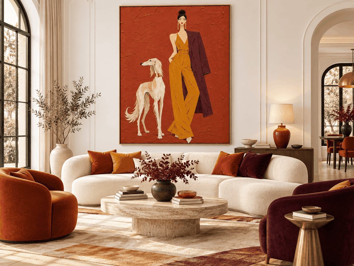 Hand-Painted Woman And Dog Canvas Art In Brick Red And Mustard Yellow