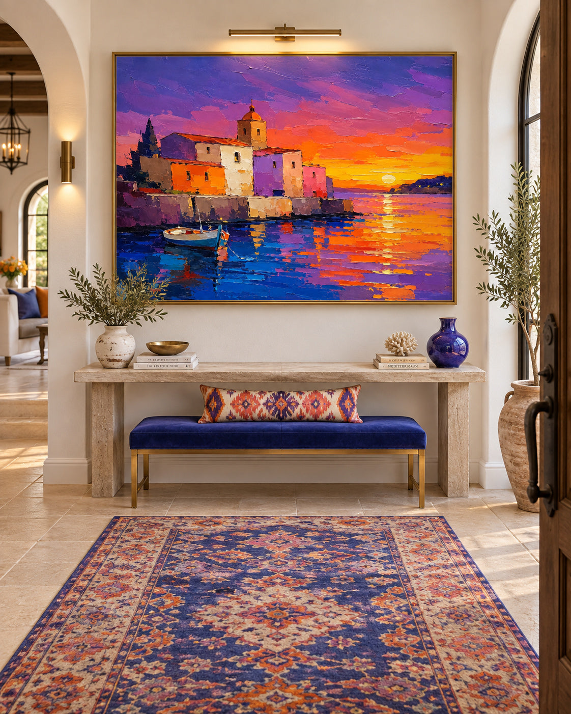 Mediterranean Harbor Sunset Hand-Painted Canvas Art With Vibrant Purple And Orange Tones