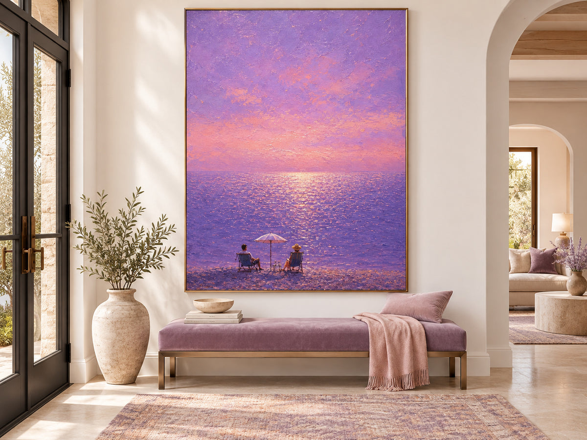 Romantic Purple Seascape Hand-Painted Canvas Art With Golden Sunset Glow