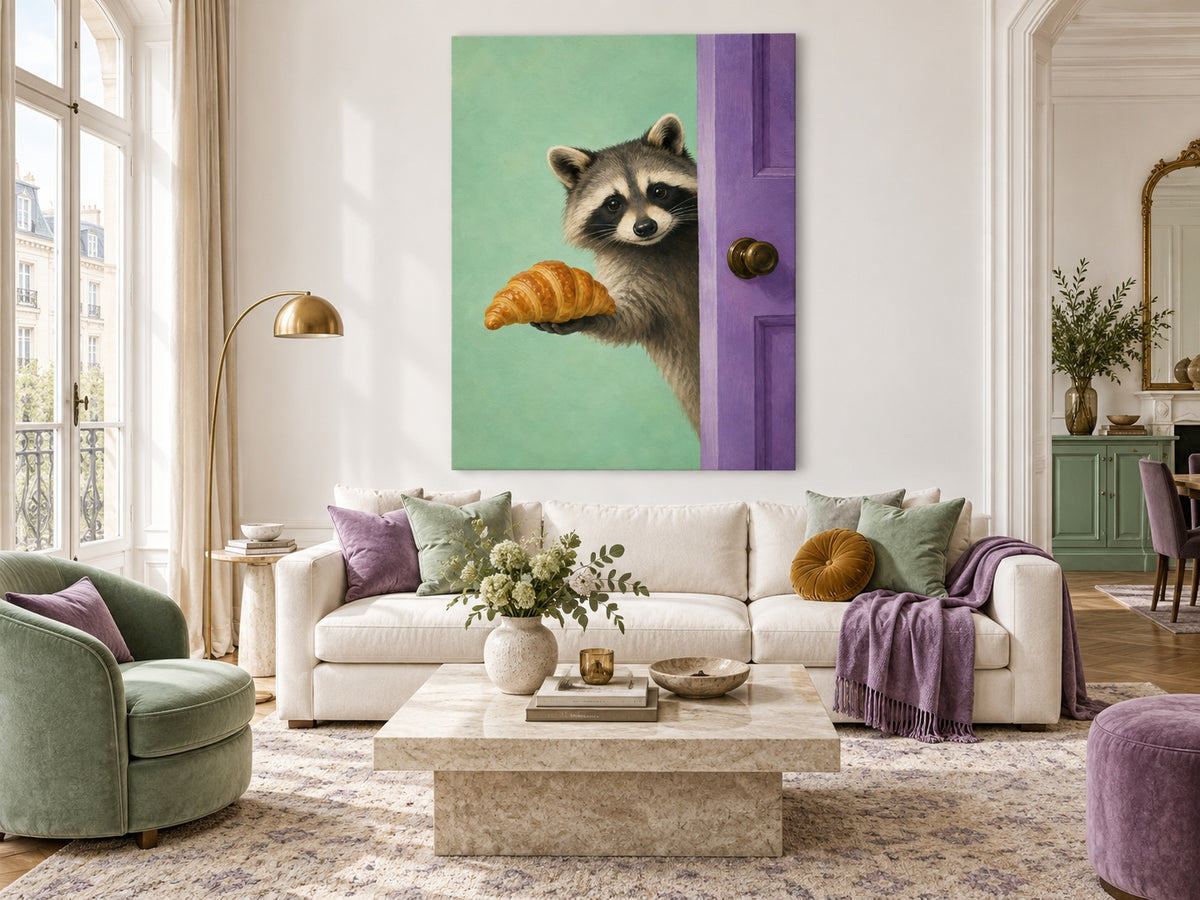 Modern Whimsical Raccoon Portrait Oil Painting Mint Green And Violet Tones