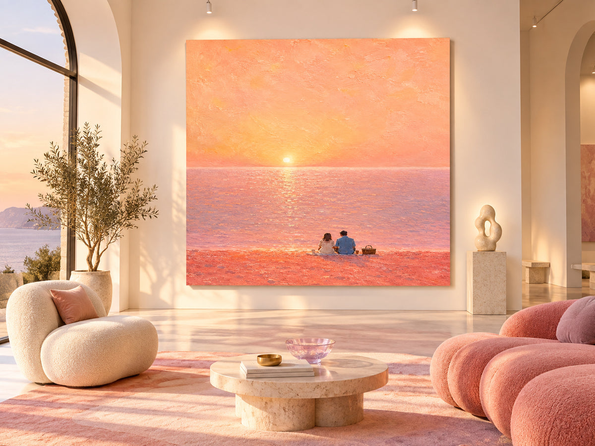 Romantic Couple Sunset Beach Hand-Painted Canvas Art In Pink And Gold Tones