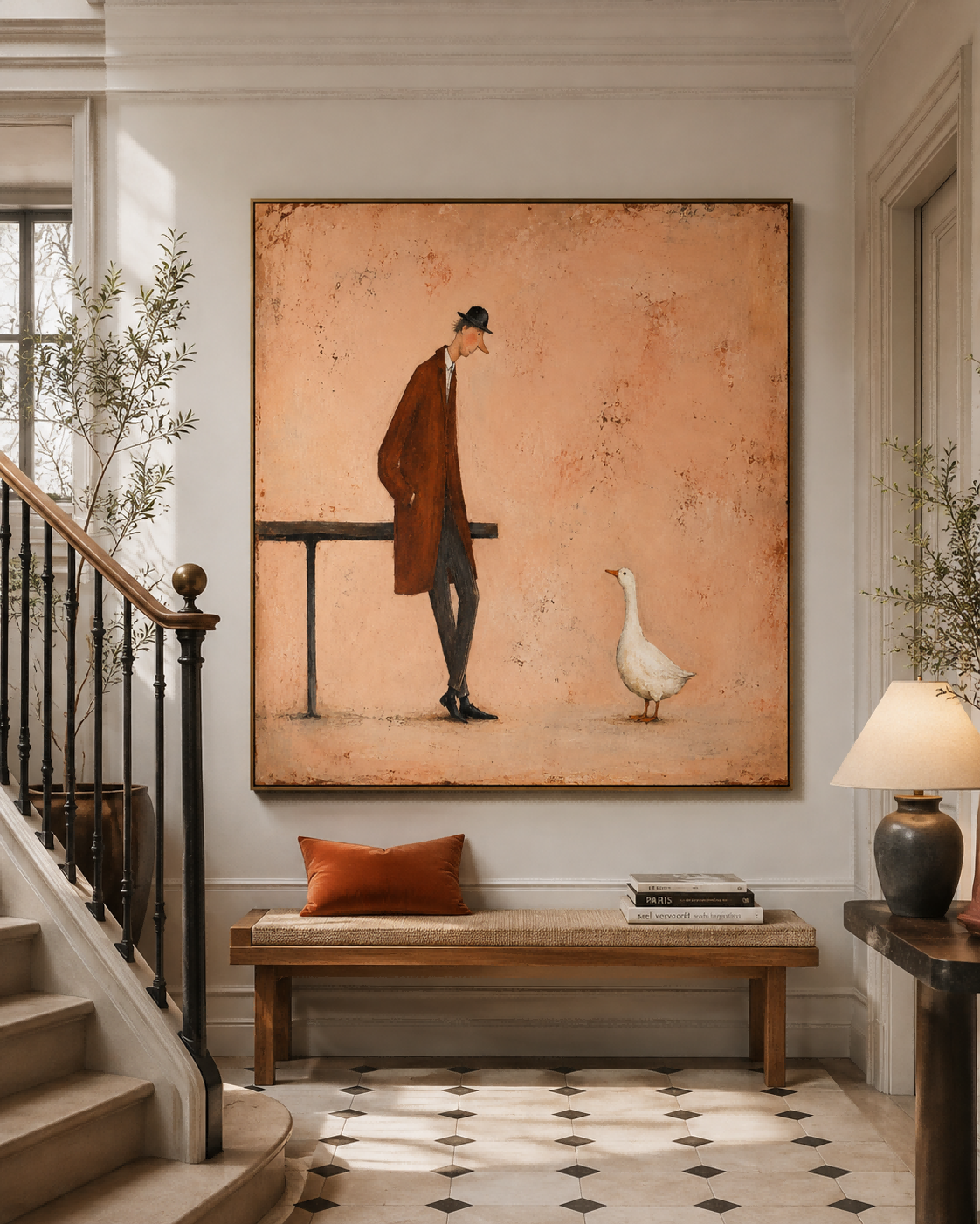 Retro Storytelling Art Hand-Painted Canvas Warm Beige Tone Original