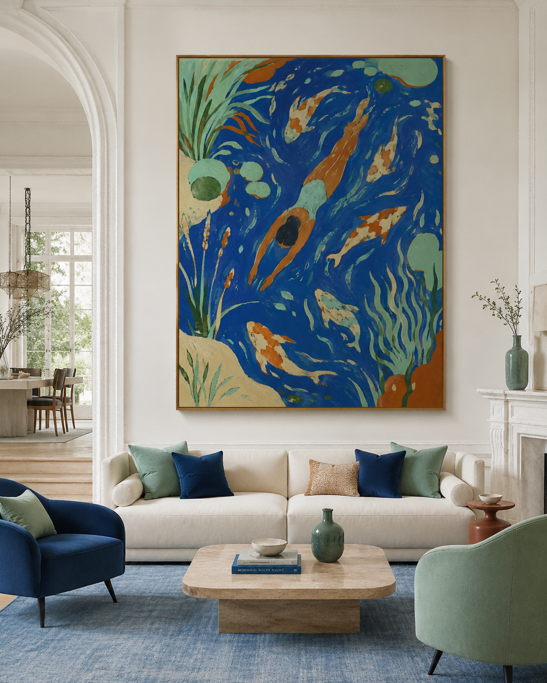 Art Deco Style Swimming Scene Original Canvas Painting With Fish
