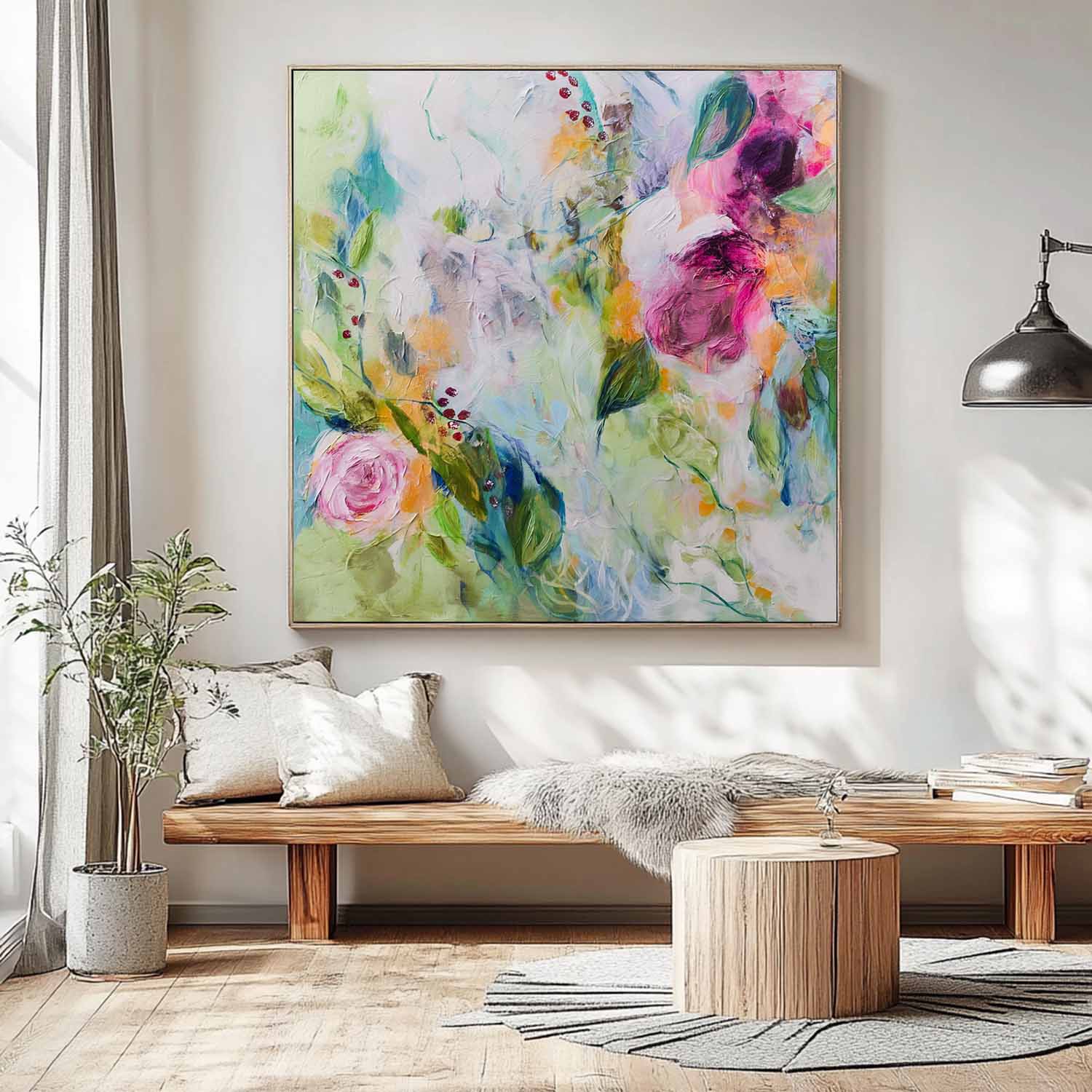 Flowers Acrylic Painting Canvas Original Floral Artwork Square Large Abstract Flowers Art For Living Room