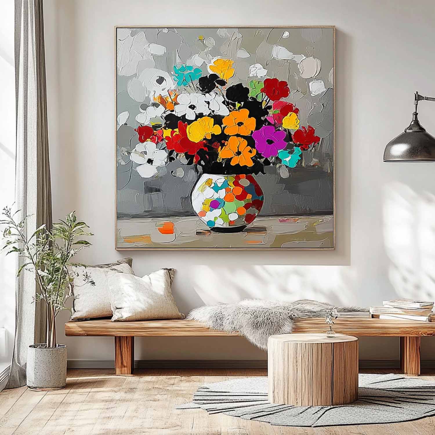 Original Flower Square Vase Artwork Floral Texture Painting on Canvas Large Color Handmade Wall Art