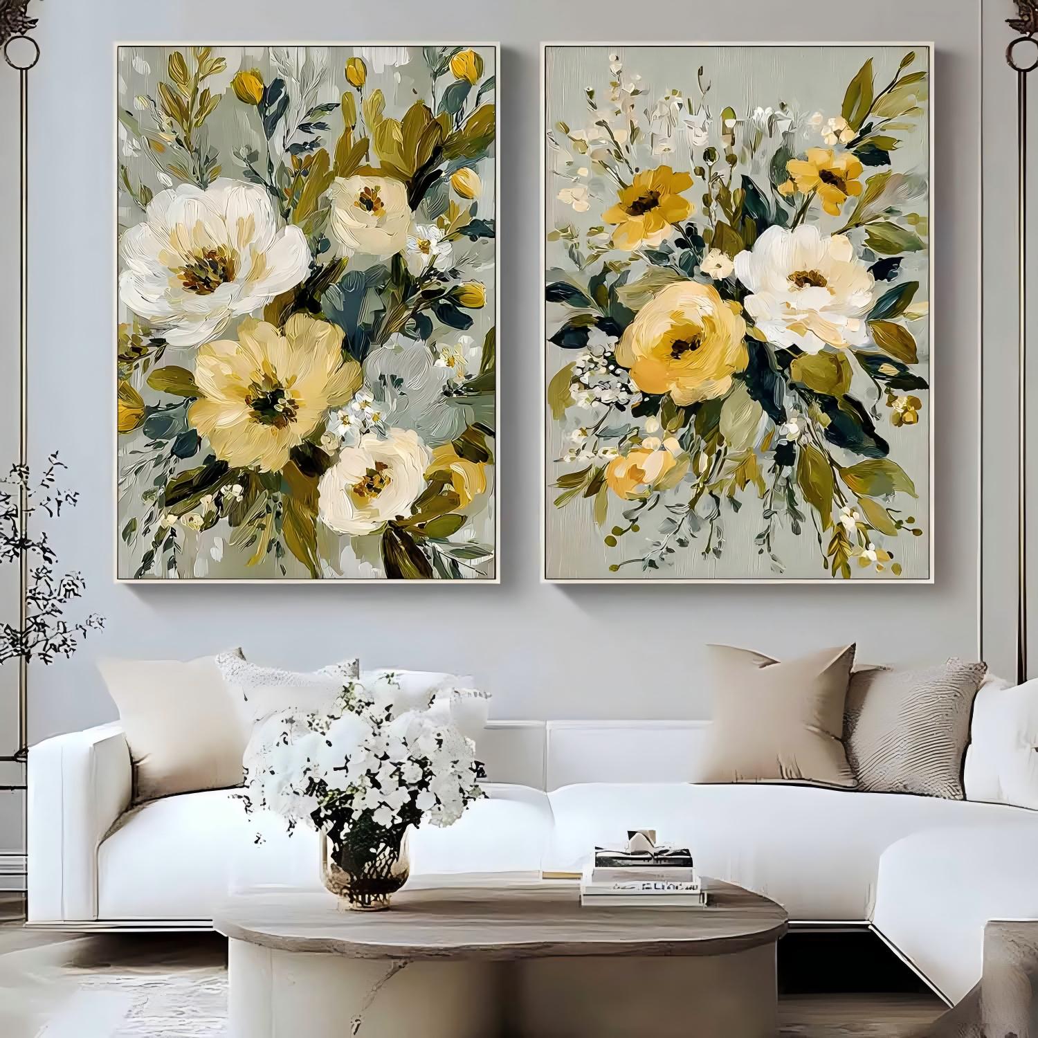 Floral Canvas Wall Art Set of 2 Modern Impressionist Flower Painting Muted Sage Green & Yellow Wildflower Art