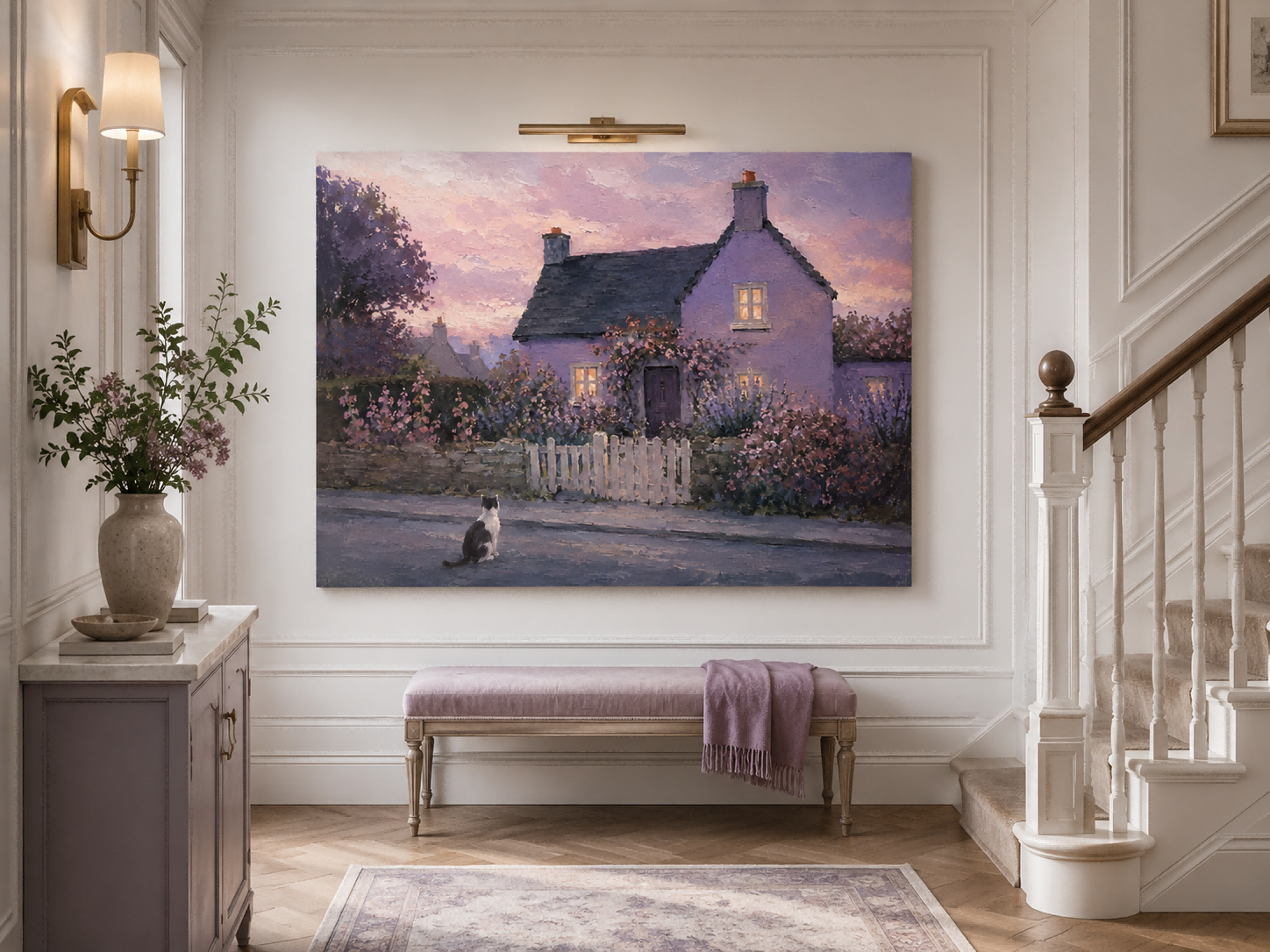 Pastoral Romantic Oil Style Art Purple House And Flowers