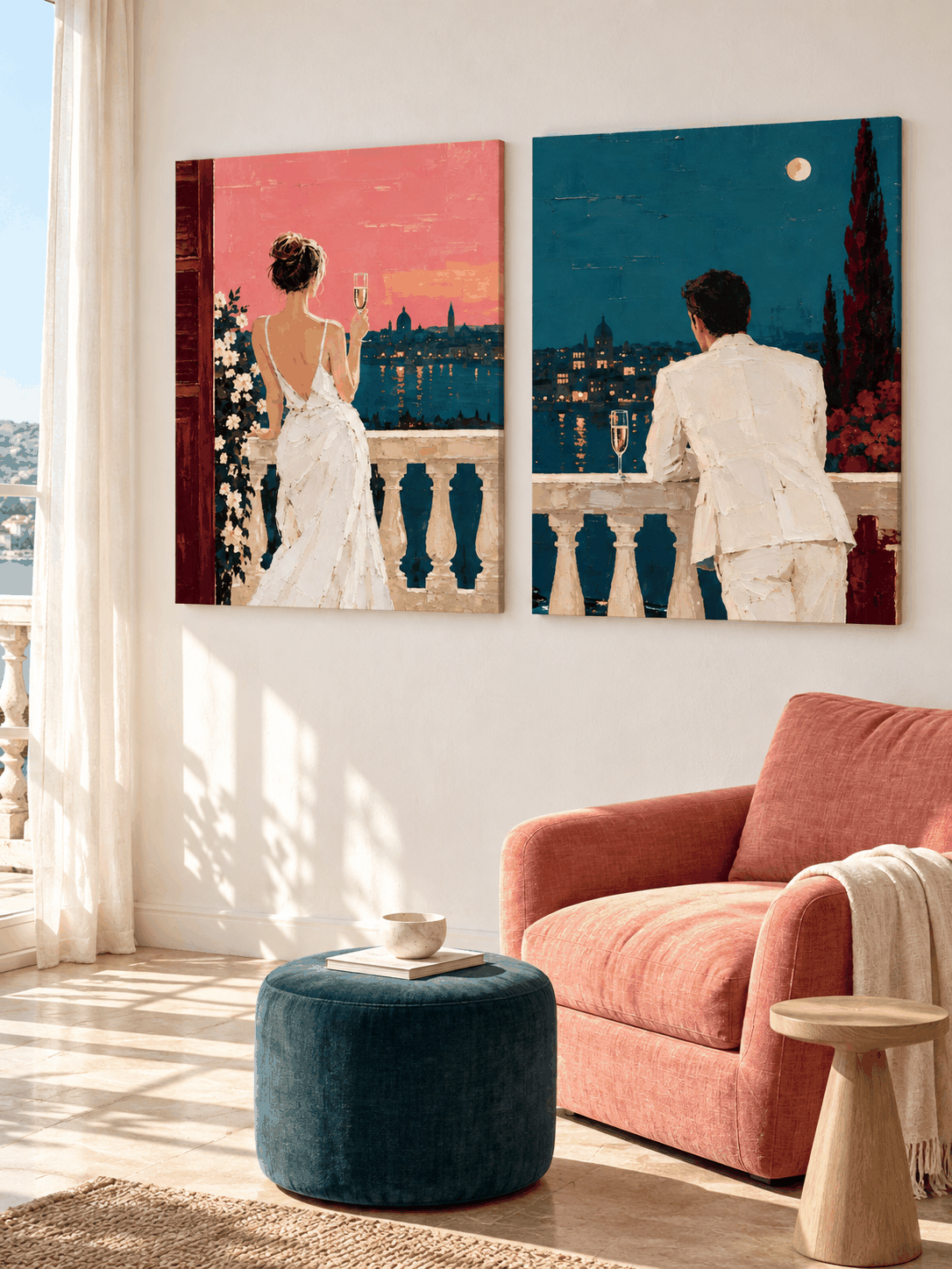Romantic Couple Cityscape Hand-Painted Canvas Art Set Pink Teal