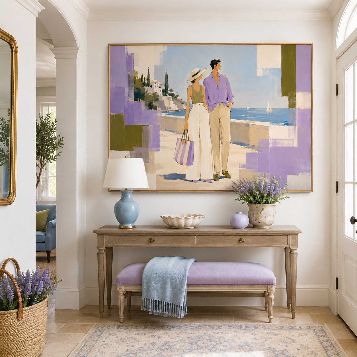 Chic Fashion Illustration Oil Painting Modern Abstract Mediterranean Couple Artwork For Living Room Wall Decor