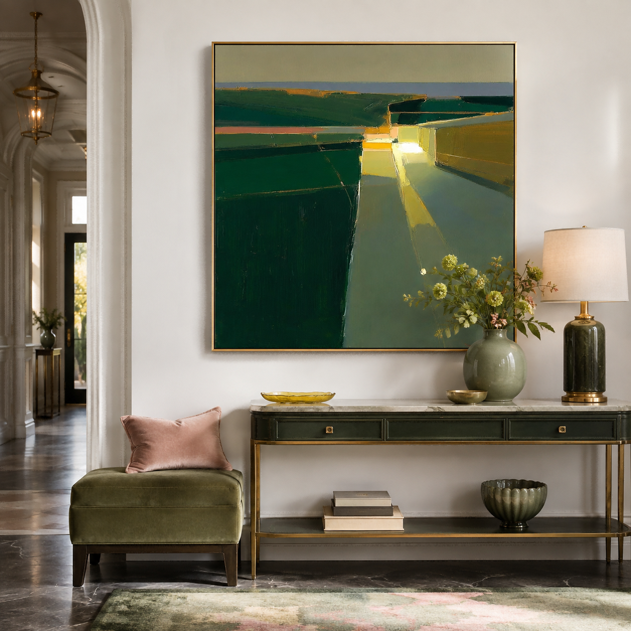 Modern Abstract Green And Yellow Square Oil Painting For Living Room Wall Art Decor