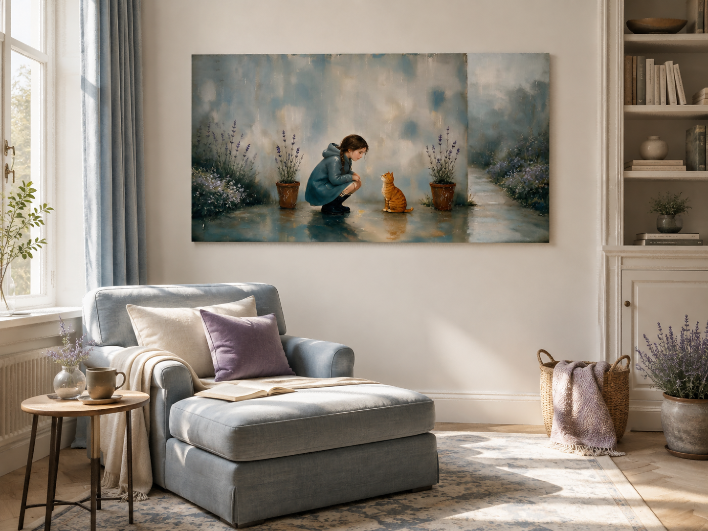 Serene Outdoor Path Artwork With Orange Cat And Purple Flowers For Lounge Decor