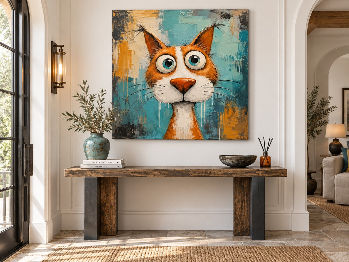 Modern Pop Art Cat Painting Abstract Textured Canvas For Home