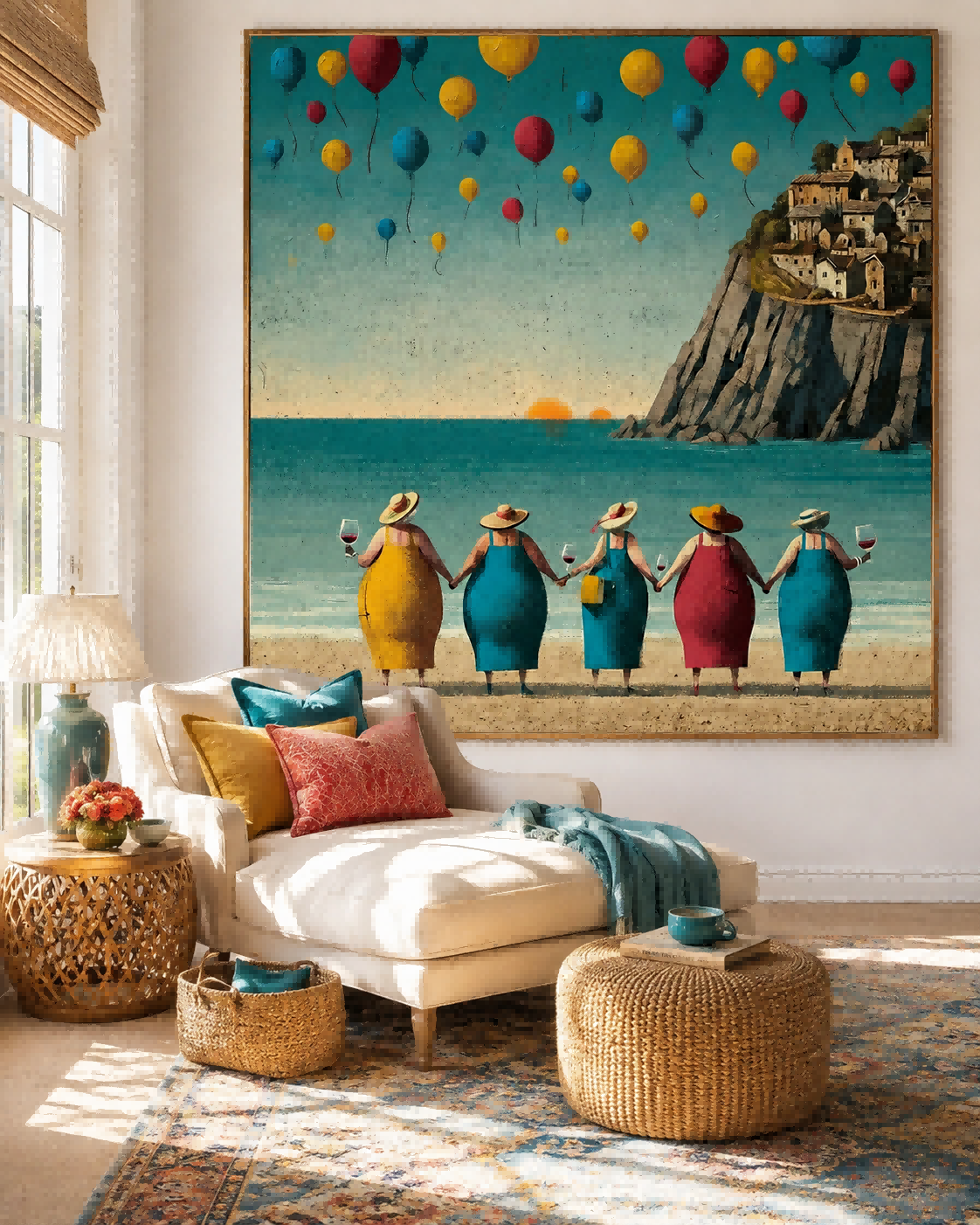 Vibrant Colorful Square Canvas Art Of Coastal Sunset And Friends