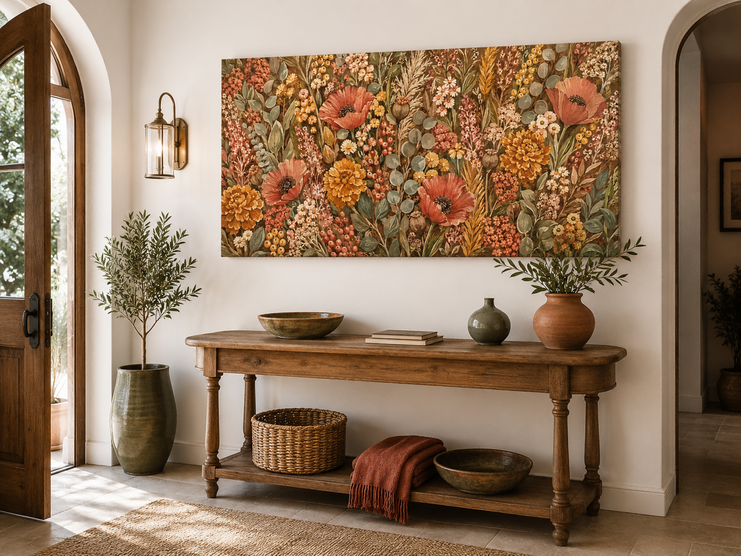 Vintage Floral Canvas Art With Poppies And Marigolds In Warm Earth Tones