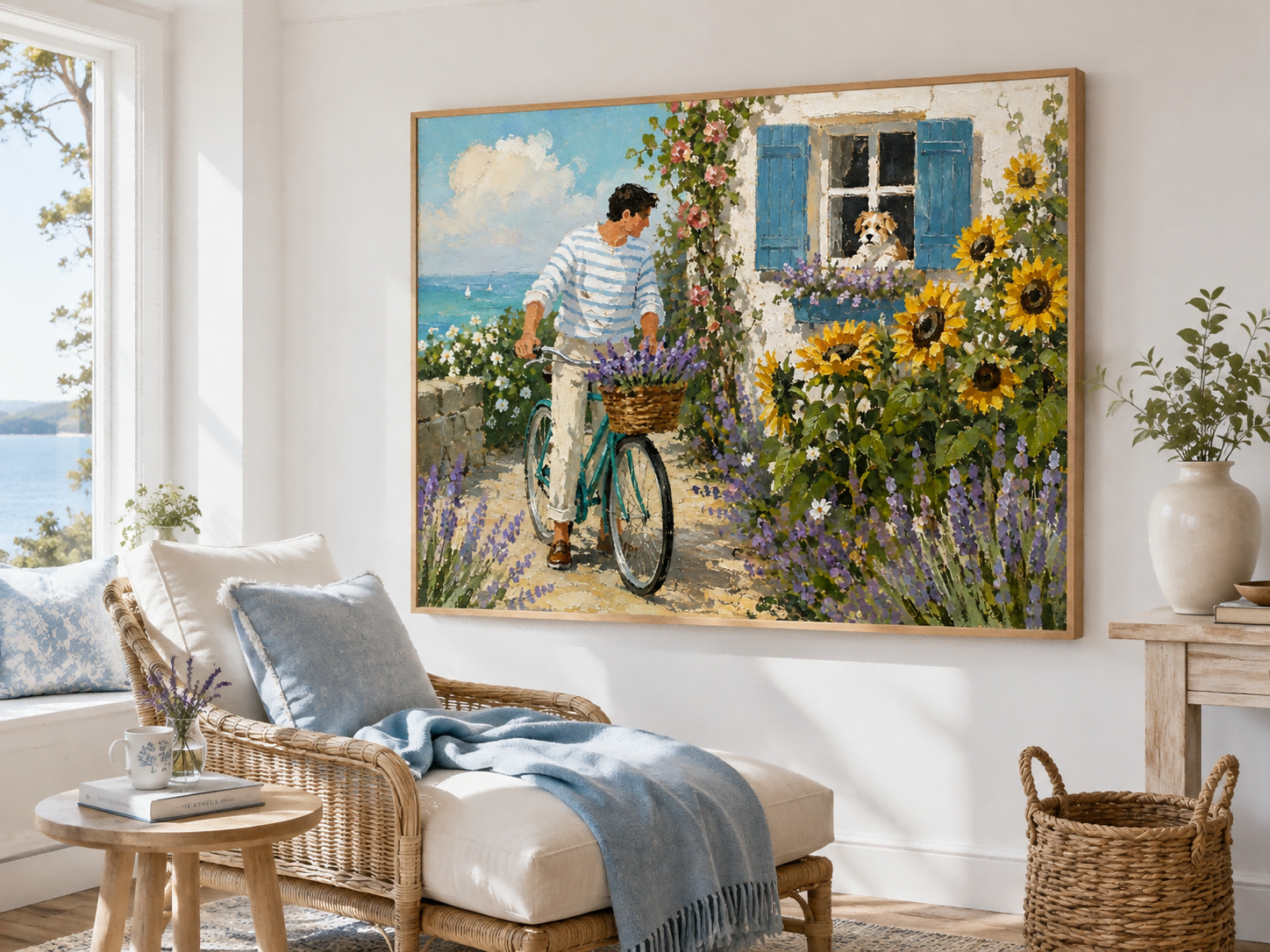 Man With Bicycle And Dog Coastal Landscape Hand-Painted Canvas Art