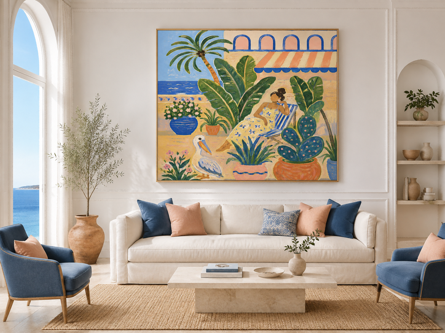 Art Deco Inspired Fantasy Beach Scene Original Canvas Painting With Bold Colors