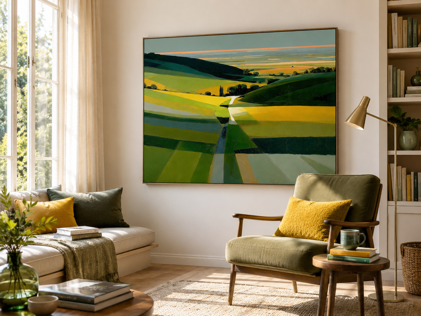 Modern Abstract Landscape Painting With Green And Yellow Fields For Living Room Decor
