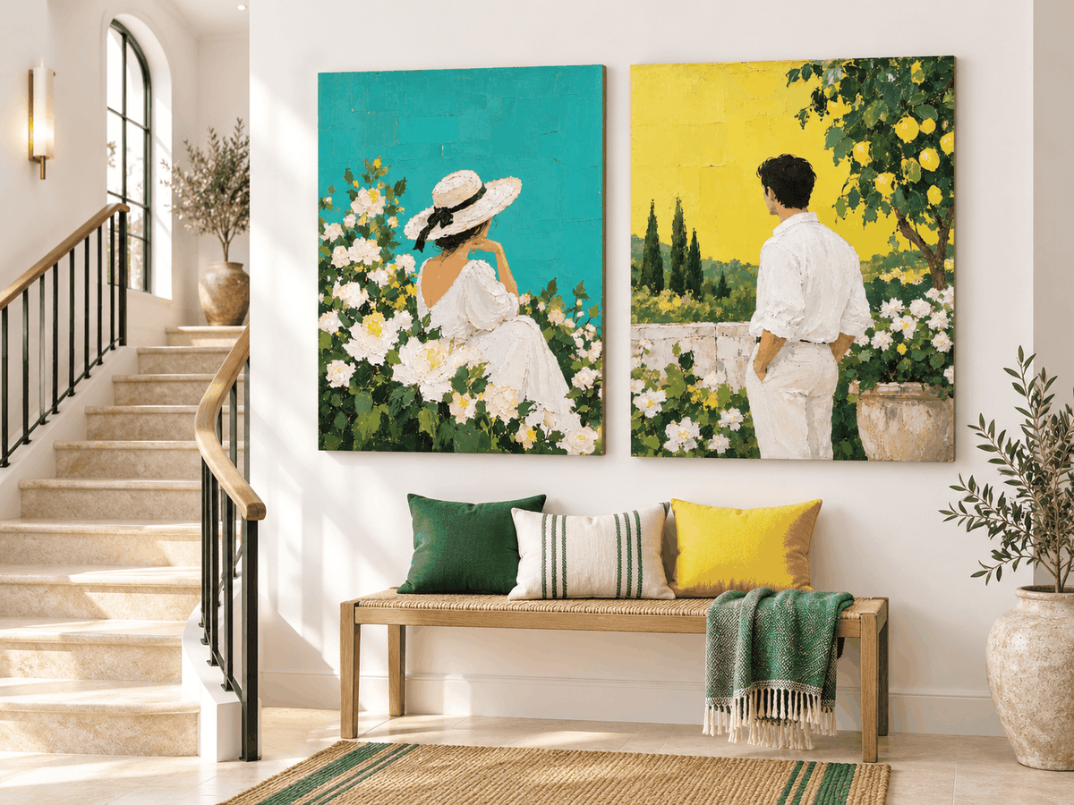Hand-Painted Couple In Garden Canvas Art With Lemon Trees And Roses