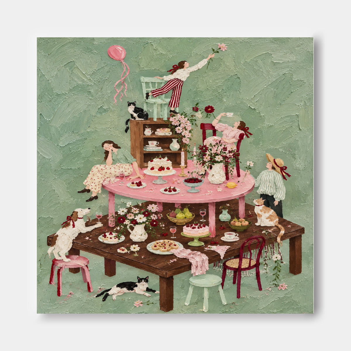 Textured Surrealism Painting With Retro Charm And Floral Details