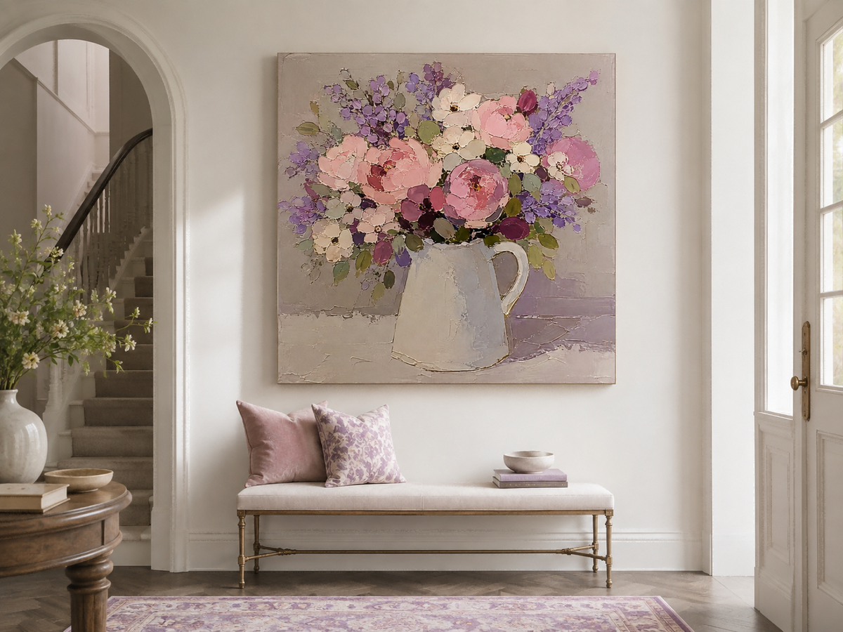 Abstract Impasto Floral Painting In Soft Pink Purple Tones Original Art