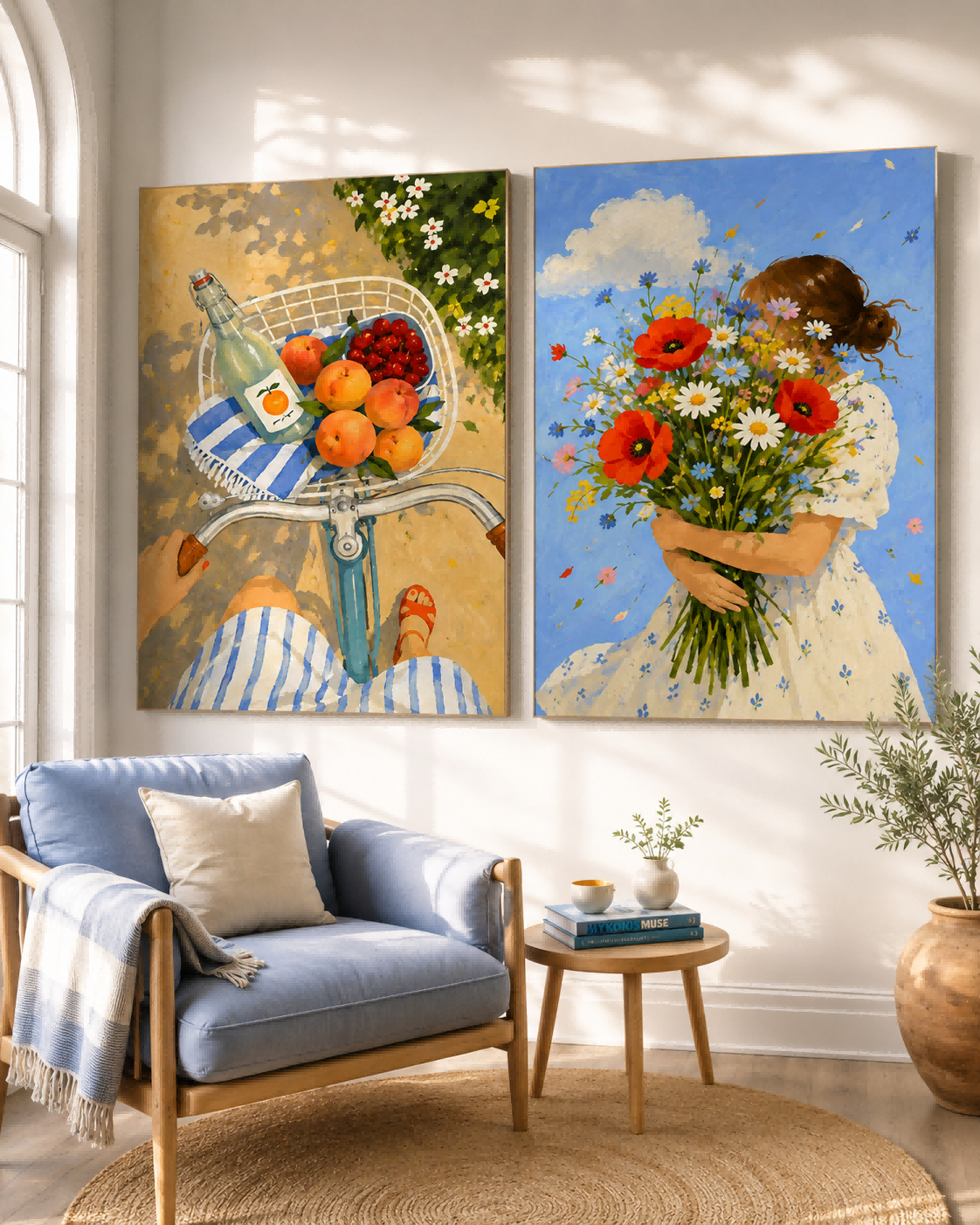 Hand-Painted Summer Flowers And Fruit Bicycle Canvas Art Diptych