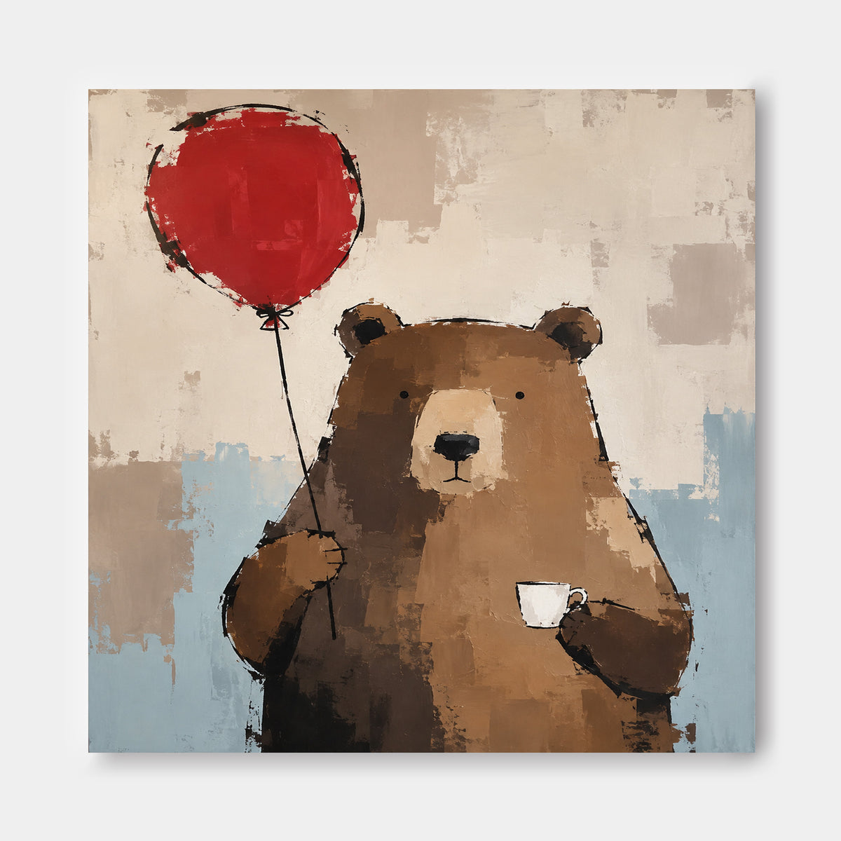 Hand-Painted Minimalist Brown Bear With Red Balloon Canvas Art
