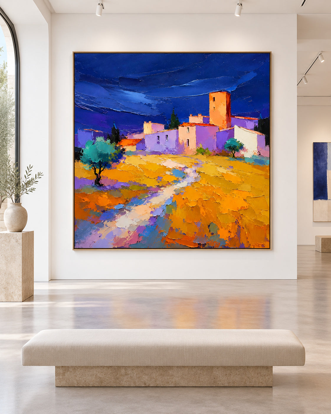 Impressionist Style Textured Canvas Painting With High Saturation Blue And Yellow Colors