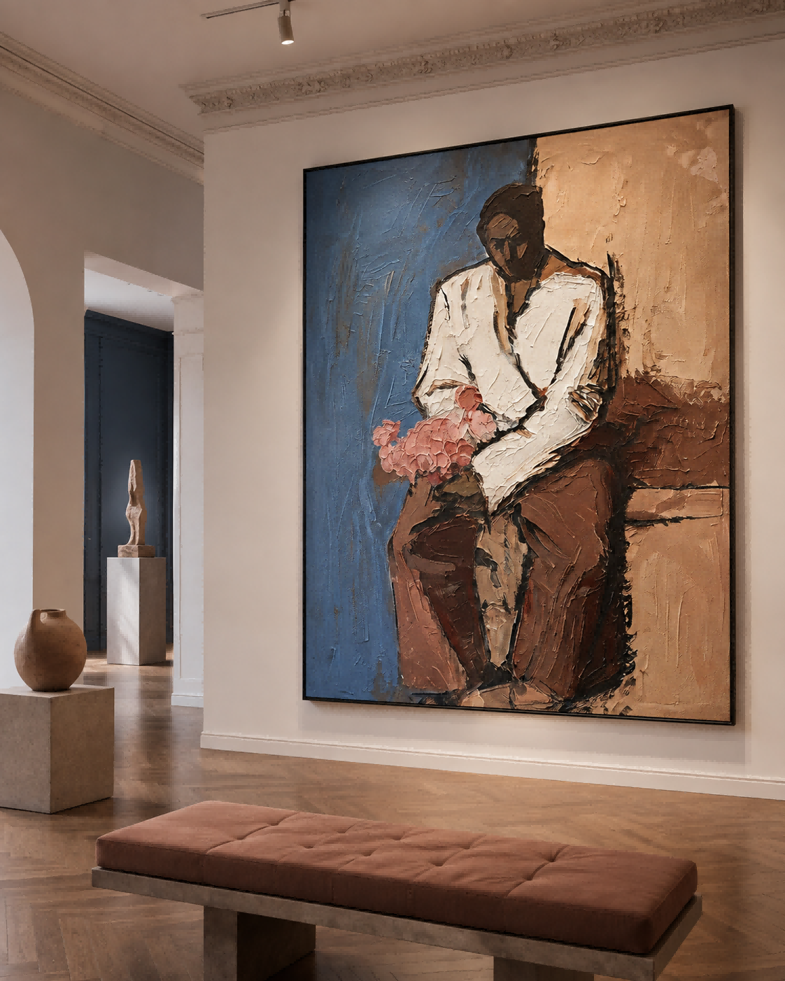 Expressive Figure Art With Thick Brushstrokes And Blue Brown Tones For Study Decor
