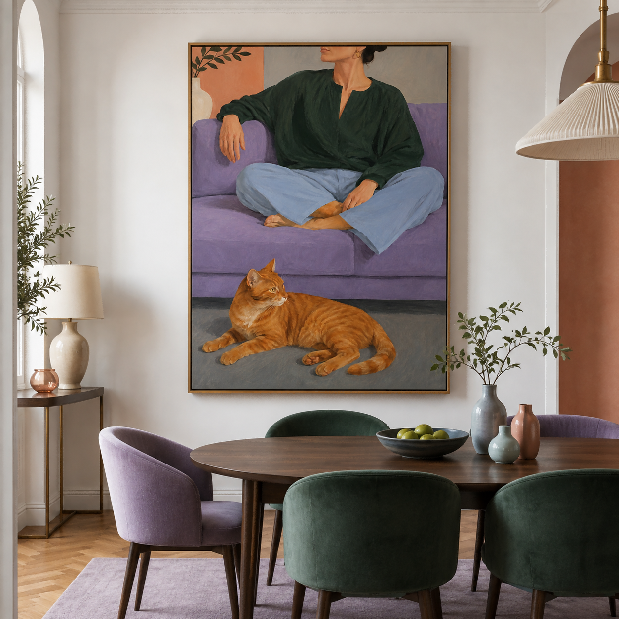 Woman And Cat On Purple Sofa Modern Figurative Oil Painting Hand-Painted Canvas Art