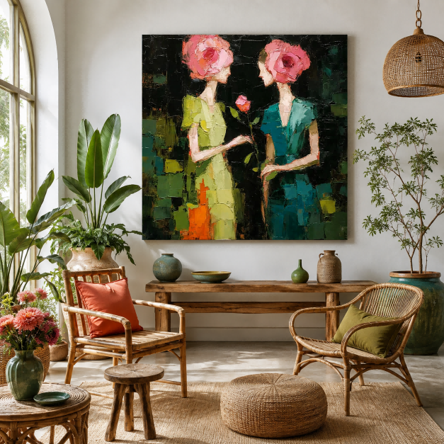 Vintage Style Oil Painting Of Two Women With Rose Heads For Living Room Wall Art Decor