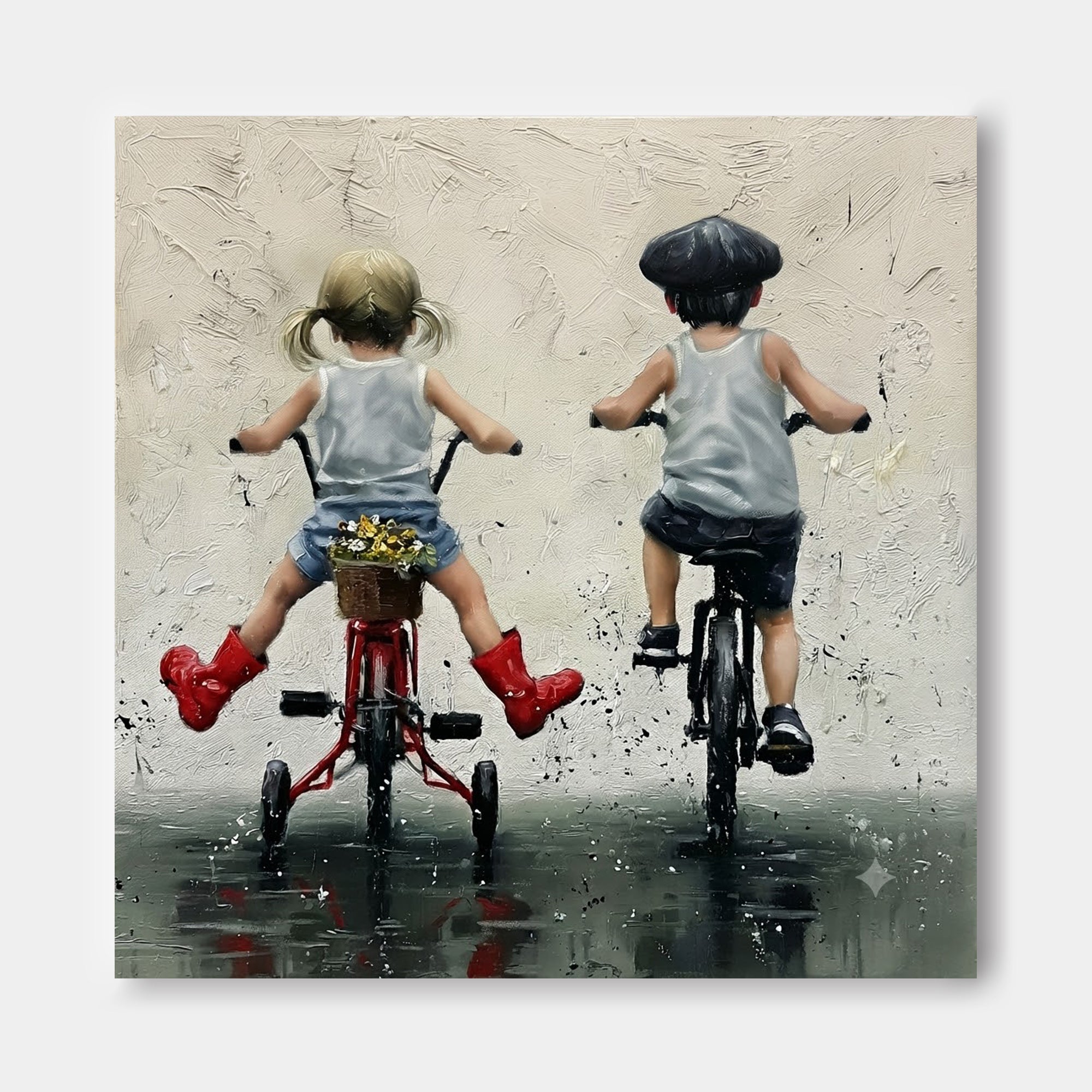 Charming Kids Riding Bikes In Rain Original Oil Painting Square Canvas Wall Art For Nursery