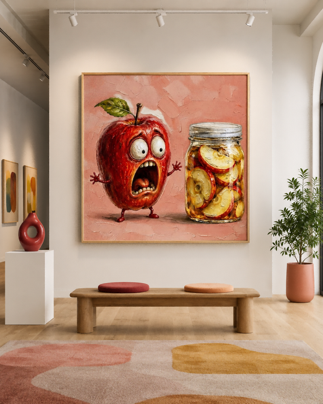 Surreal Anthropomorphic Apple Artwork With Preserved Fruit Jar For Playful Rooms