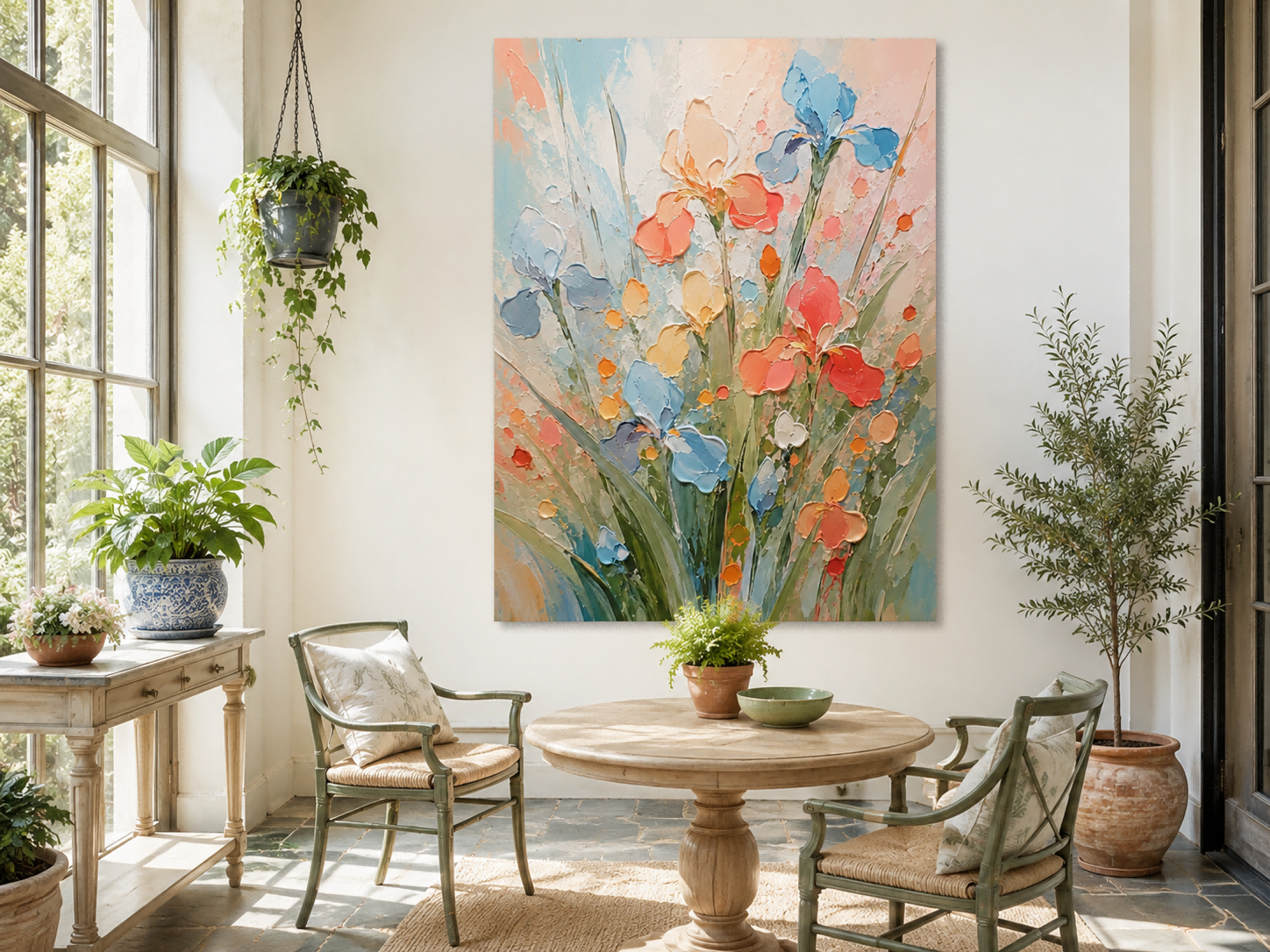 Hand-Painted Abstract Iris Flower Canvas Art With Thick Texture