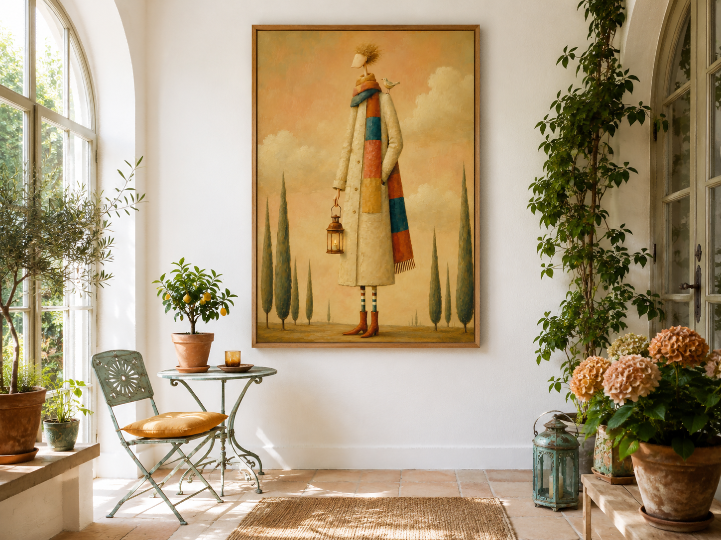 Surreal Man With Lantern And Bird Canvas Painting In Warm Beige Tones