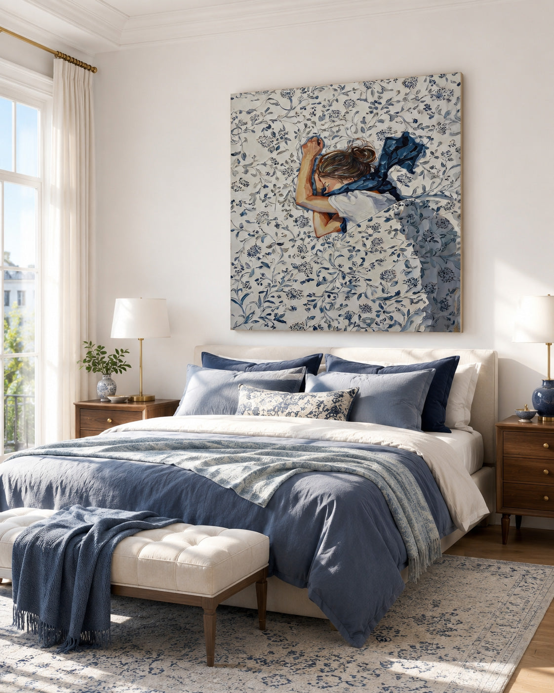 Healing Blue Floral Oil Painting Of Sleeping Girl For Bedroom Wall Art Decor