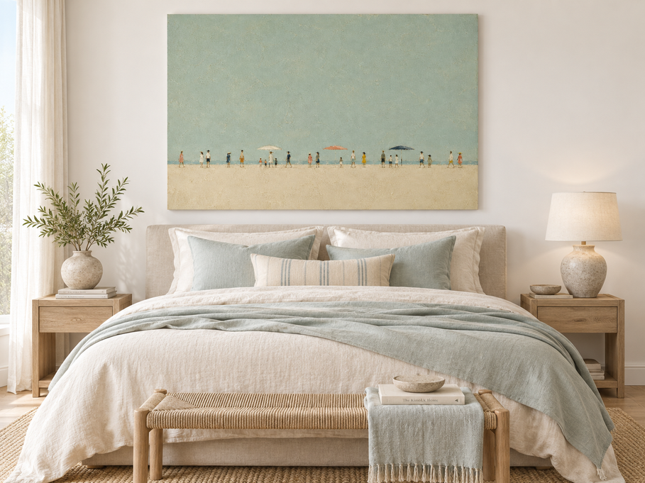 Hand-Painted Beach Scene With Figures And Umbrellas In Sage Green