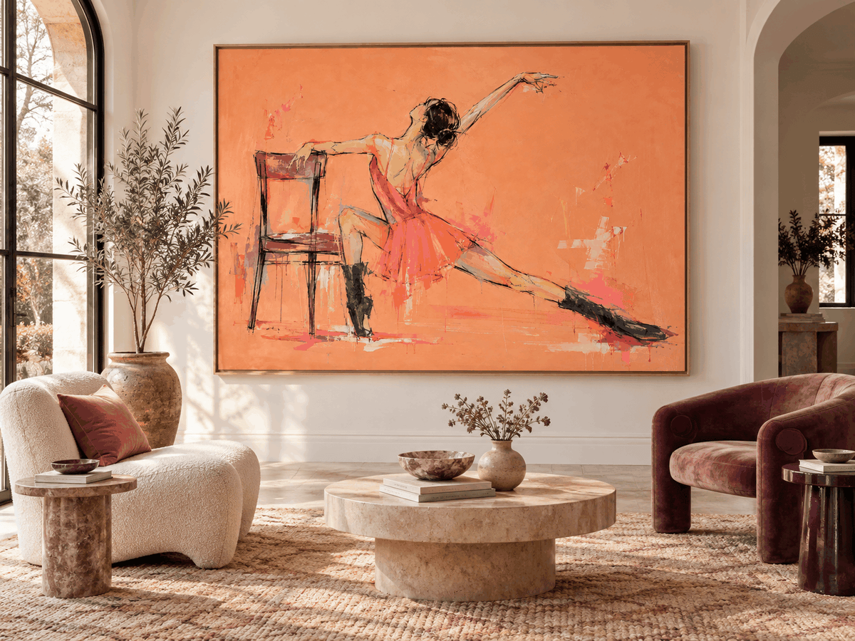 Vintage Modern Textured Art Hand-Painted Abstract Figure In Peach And Black Abstract Dancer Canvas Painting