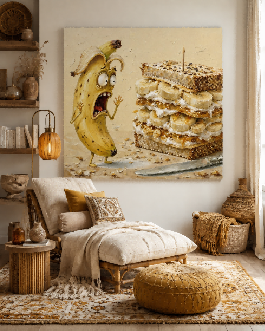Cute Pop Surrealism Oil Painting Of Funny Banana And Sandwich For Home