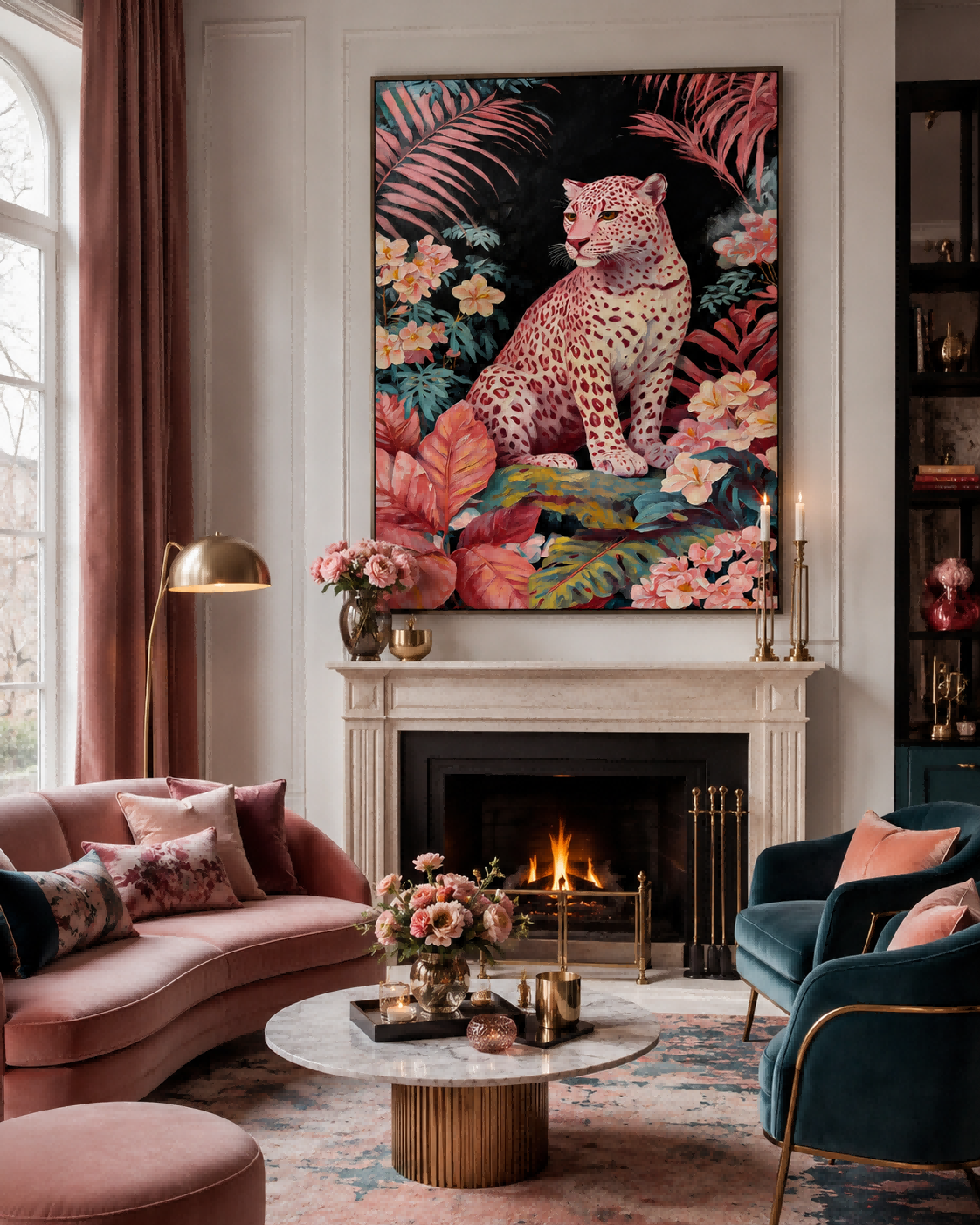 Pink Leopard Painting In Tropical Jungle For Modern Living Room Wall Art Decor
