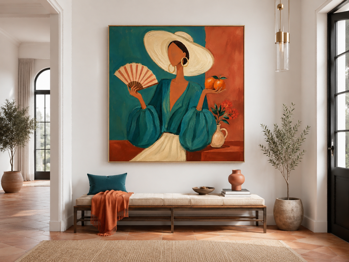 Exotic Lazy Afternoon Oil Painting Of Woman With Fan And Oranges For Lounge Wall Art