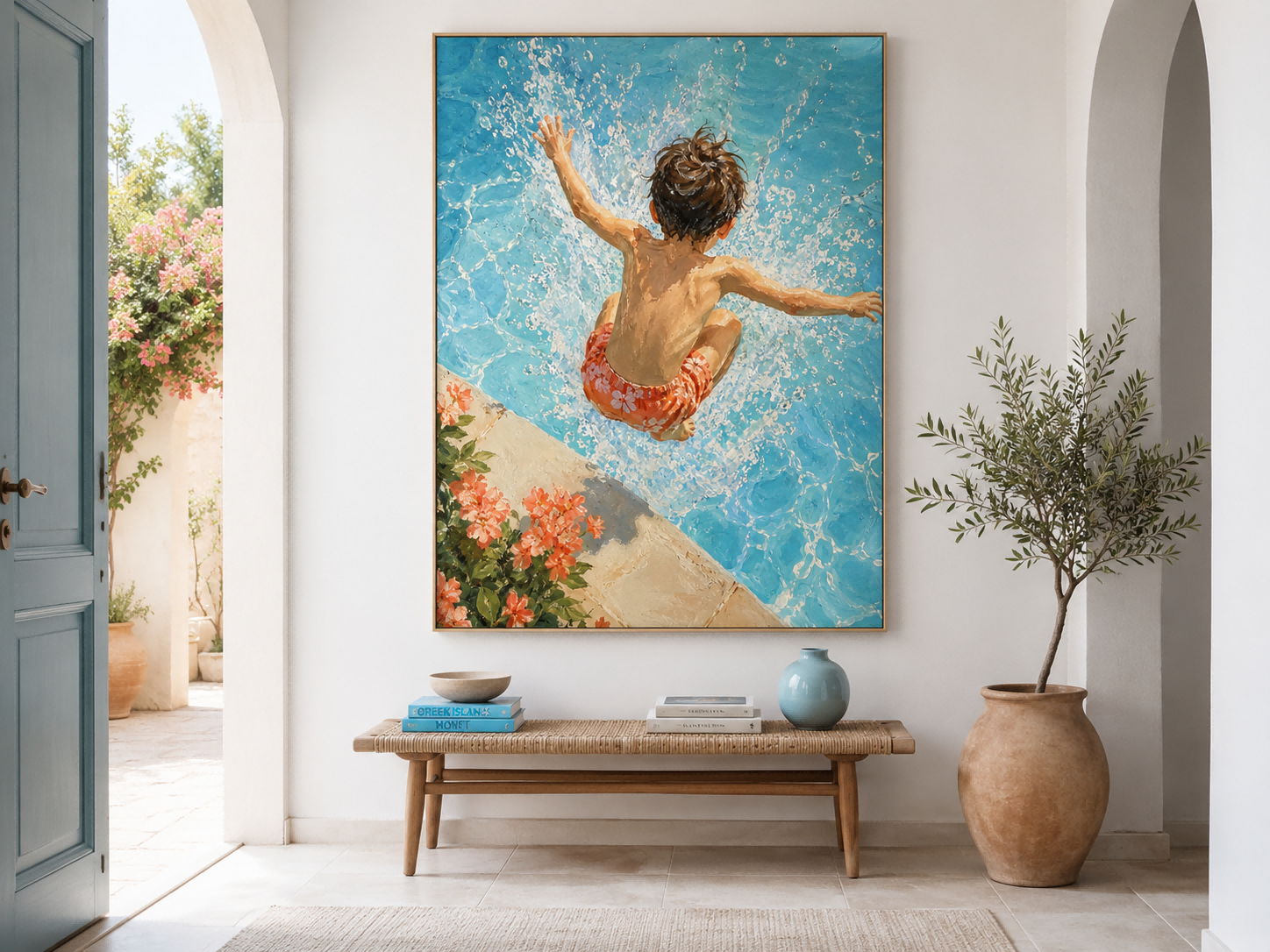 Realistic Impressionist Swimming Pool Art Hand Painted Canvas For Beach House Decor