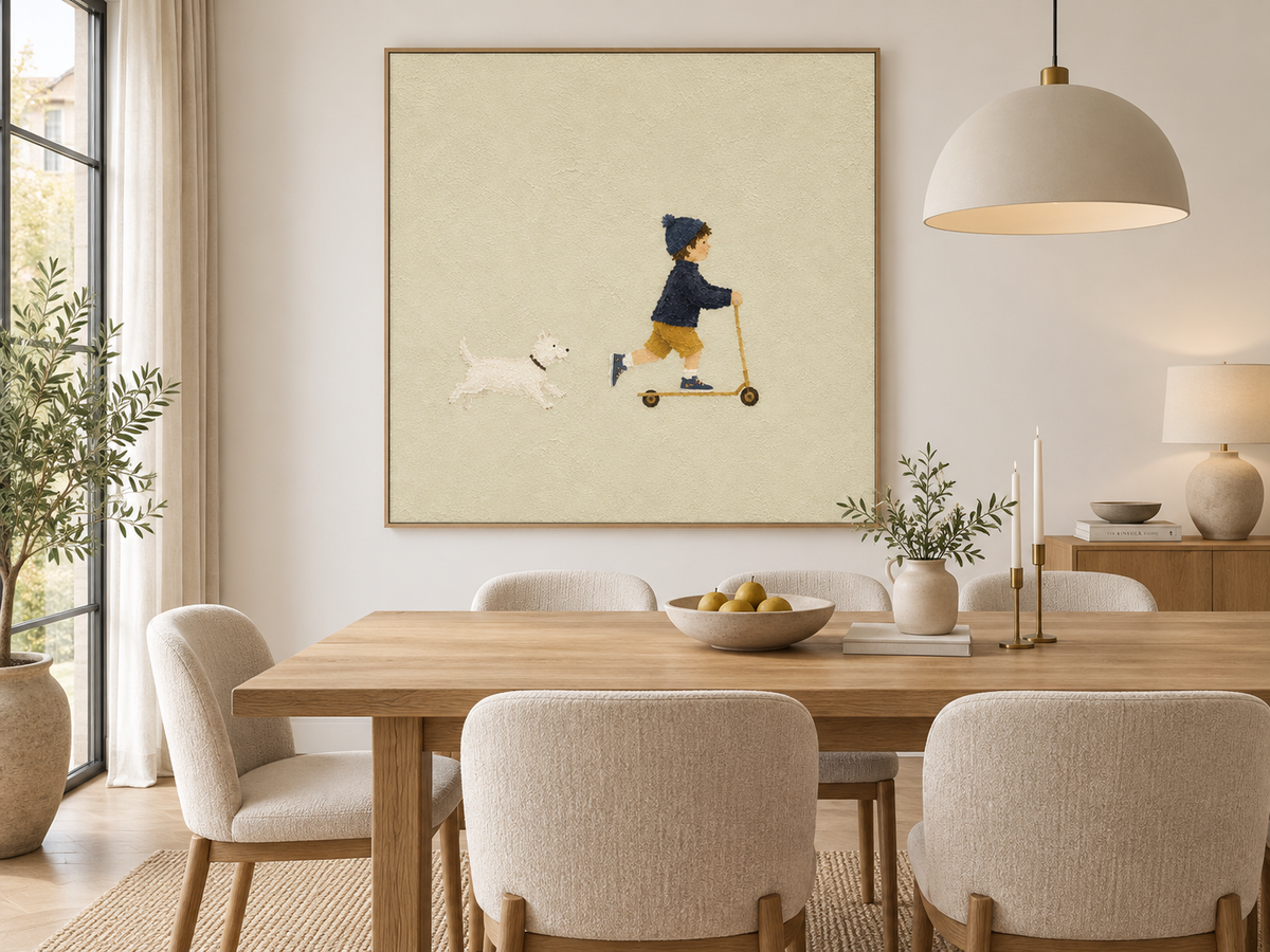 Modern Naive Art Canvas Painting Abstract Boy And Dog Story