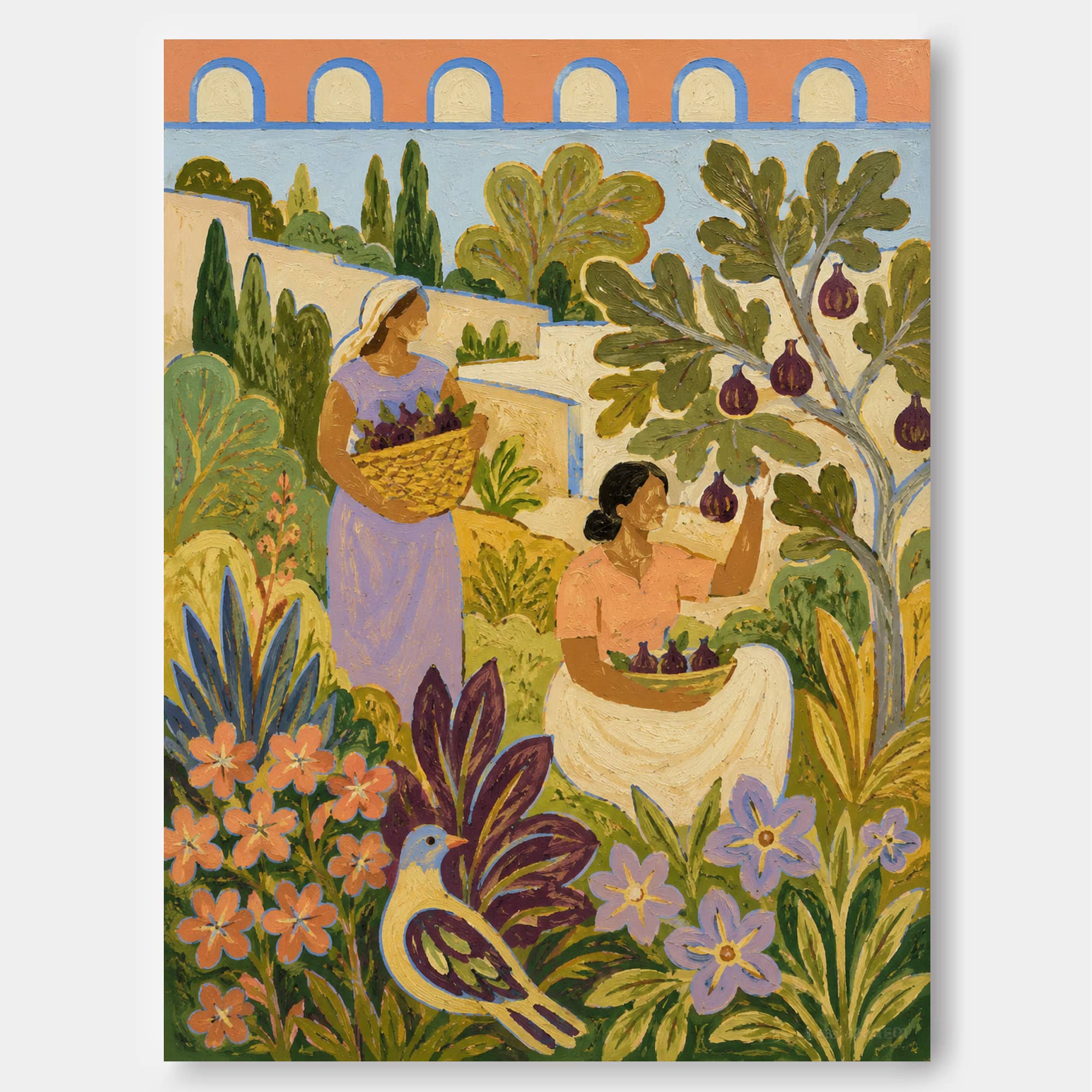 Fantasy Landscape Oil Painting With Purple Figs And Geometric Archways Fantasy Landscape Oil Painting With Purple Figs And Geometric Archways