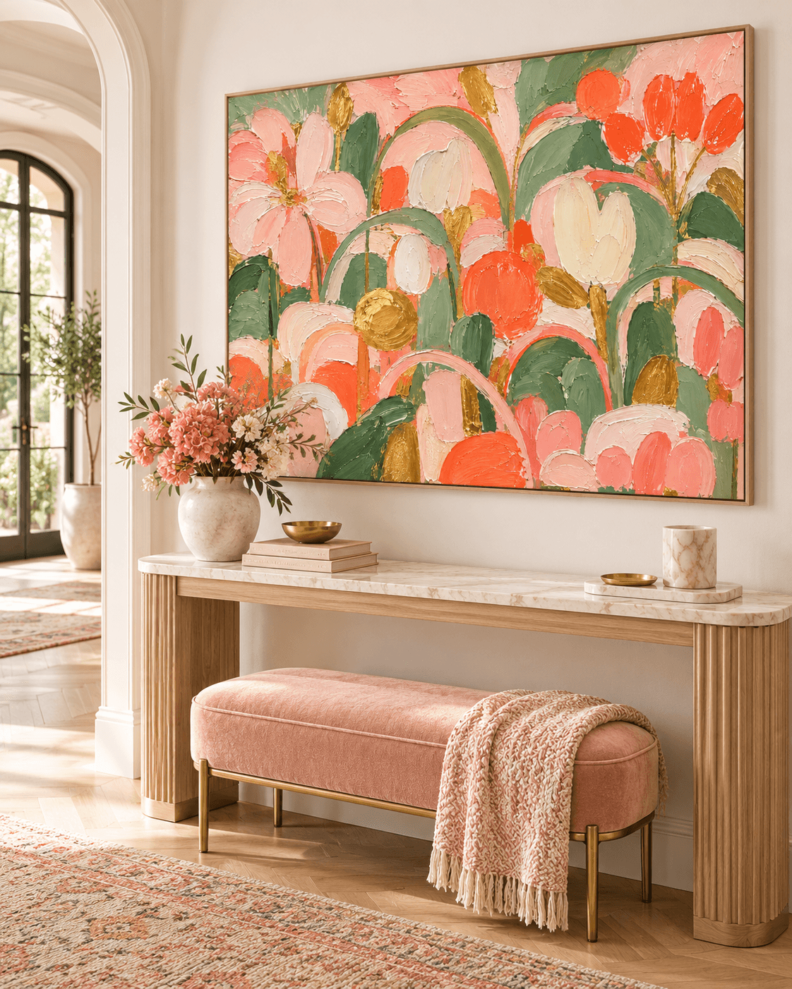Abstract Floral Canvas Painting With Gold Leaf Accents For Modern Home Decor