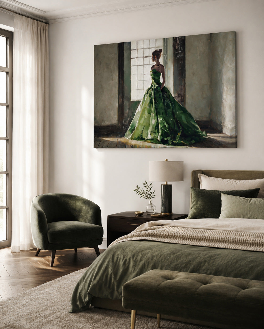 Expressive Portrait Of Lady By Window With Textured Green Dress