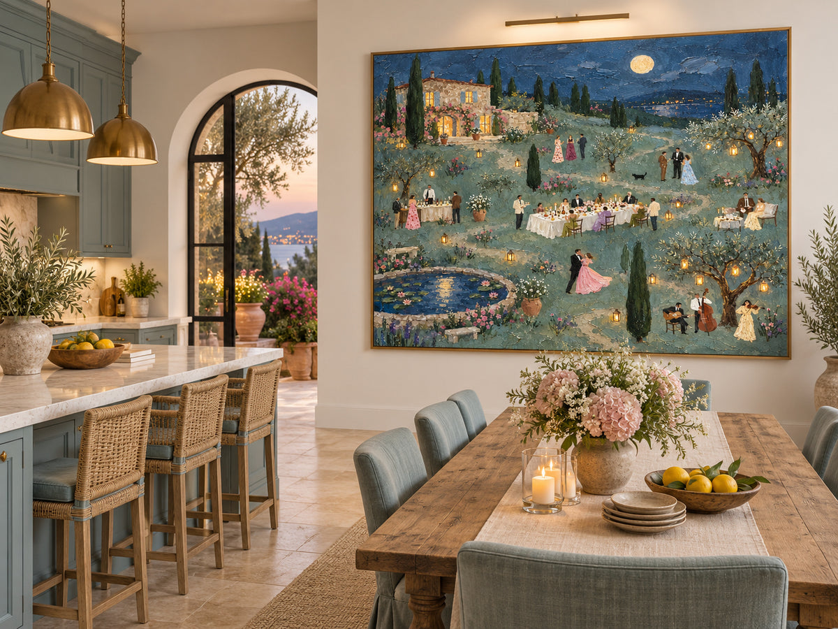 Tuscan Villa Dinner Party Hand-Painted Canvas Wall Art With Moonlight And Garden