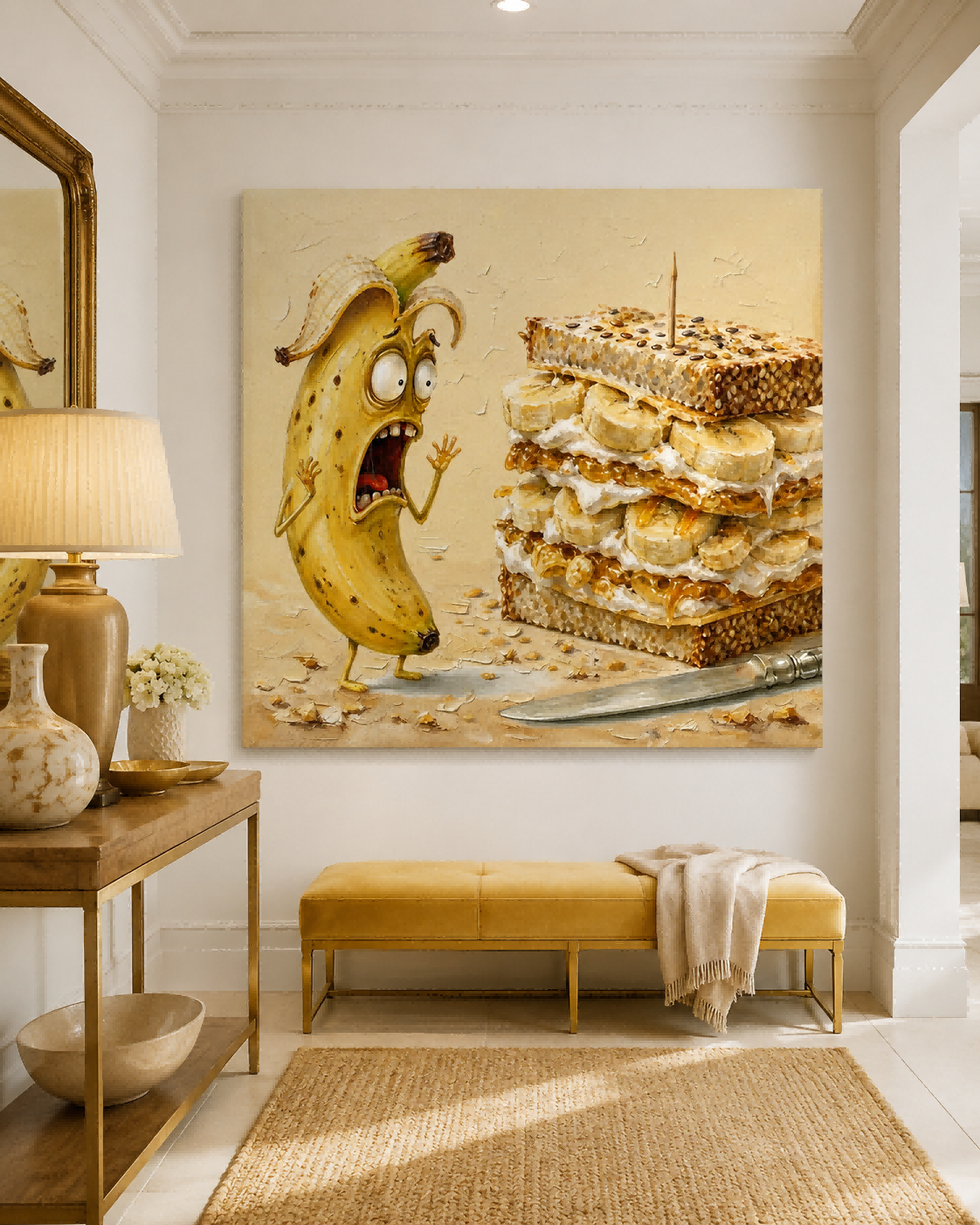 Cute Pop Surrealism Oil Painting Of Funny Banana And Sandwich For Home
