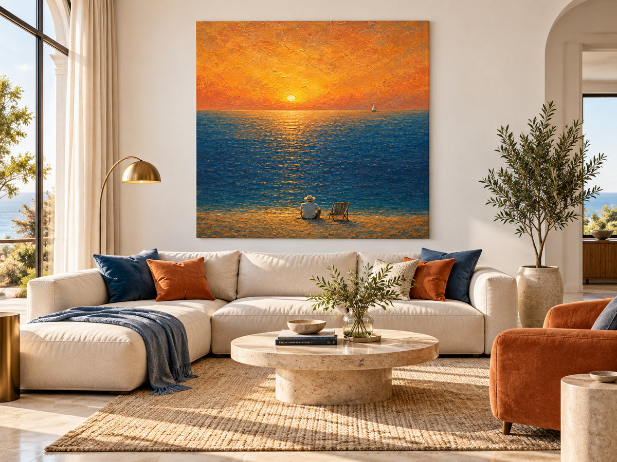 Modern Impressionist Textured Ocean Sunset Art With Golden Glow